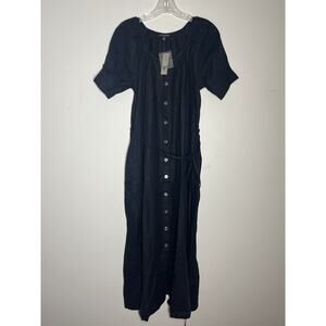 J Crew Button Up Midi Dress Linen Womens XXS Black Puff Sleeves A Line Tie Waist